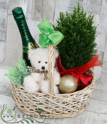 Kicsi Karácsonyi ajándékkosár pezsgővel (25cm)
