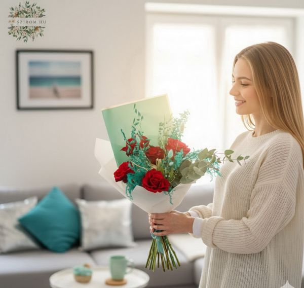 Vörös rózsák türkizkék csokorban (5 szál) - original product photo with AI background