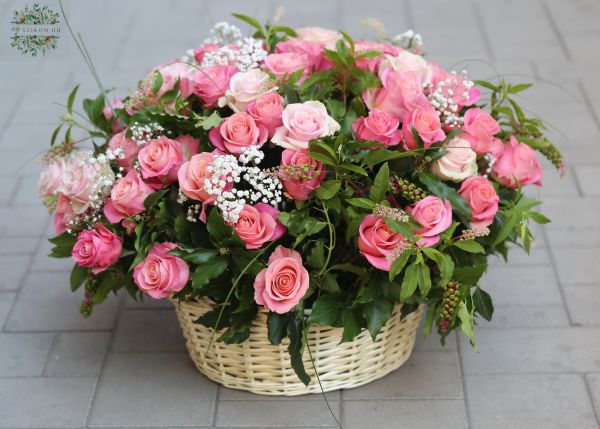 60 pink roses in a basket with baby's breath