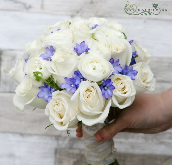 bridal bouquet (rose, buttercup, hyacinth, white, blue)