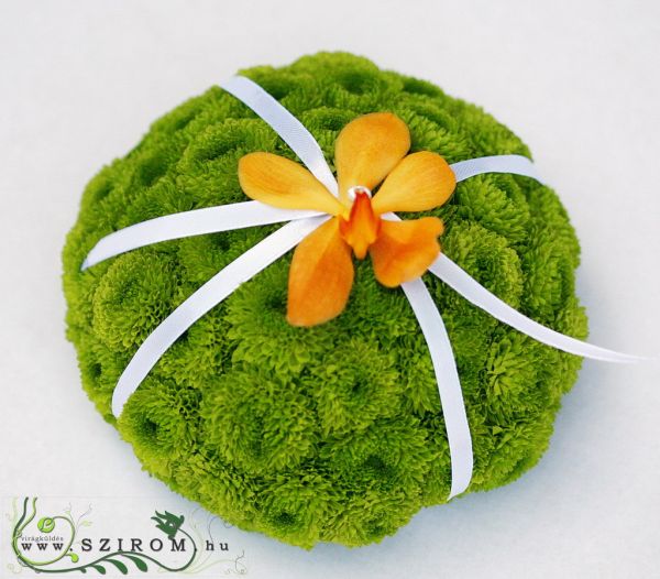 modern centerpiece with green pompoms and mokara orchid, green orange, wedding