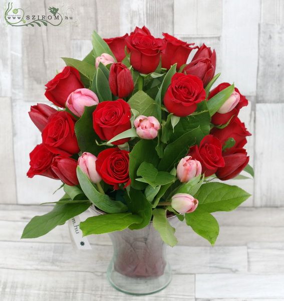red roses and tulips in vase (35 stems)