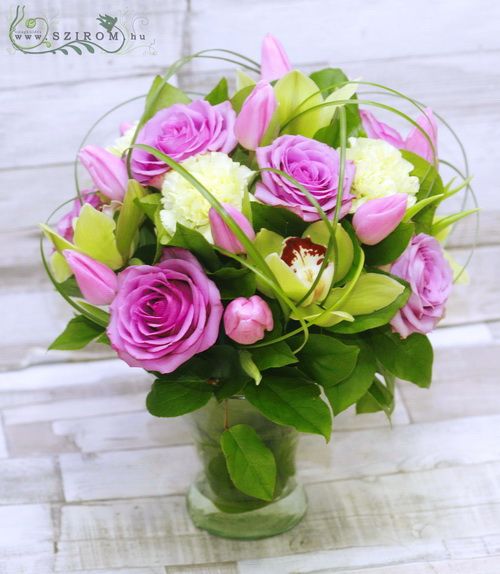 orchids, roses, tulips in vase (26 stems)