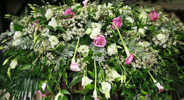 Main table centerpiece with waxflower (purple roses, white  lisianthus, callas, wax, Mimosa leafes), wedding