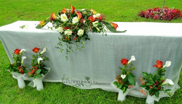 Main table centerpiece with orange callas, Hungarian Railway Museum, wedding