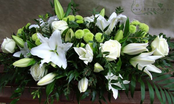 Main table centerpiece (lilies, pompoms, roses, white, green), wedding