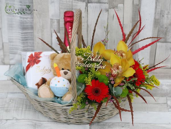 Alles Gute zum Geburtstag Korb mit Blumen, Teddy, Schokolade, Champagner