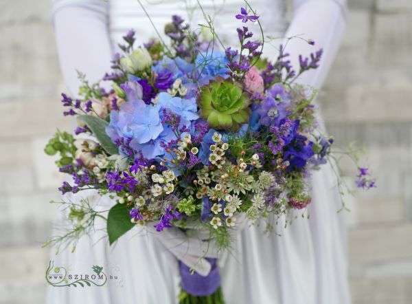 Bridal bouquet blue purple meadow flowers (English Rose, consolida, wax, limonium, hydrangea, sempervivum, astrancy, lisianthus)