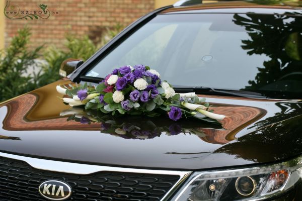 oval car flower arrangement with lisianthius (cala, carnation, purple, white)