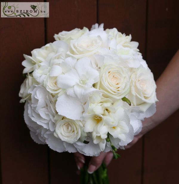 Bridal bouquet with white freesias, hydrangeas, roses, dendrobium ( white)