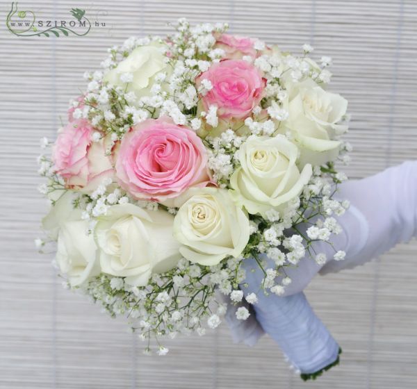 Bridal bouquet of roses and baby's breath (white, pink)