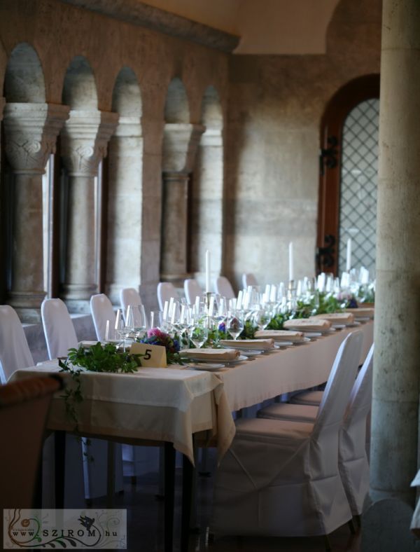 Centerpiece with golgota 1m, Fishermen's Bastion Budapest Restaurant (blue, purple, dahlia, hydrangea), wedding