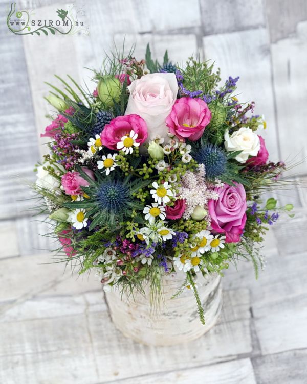 Meadow flowers log centerpiece (purple), wedding