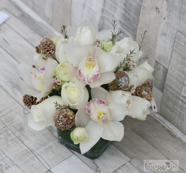 Centerpiece with orchids, winter (white, rose, orchid, tulip), wedding