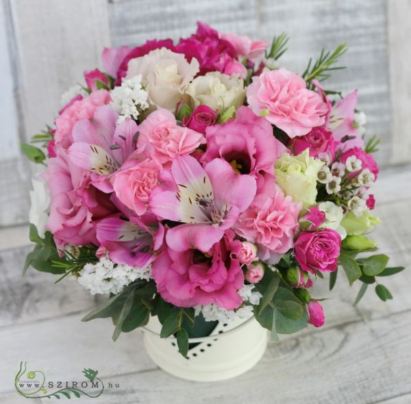 Centerpiece in small tin vase (pink, alstromeries, carnations, spray roses, lisianthusses), wedding