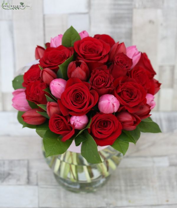 red roses with tulips centerpiece in glass ball, wedding