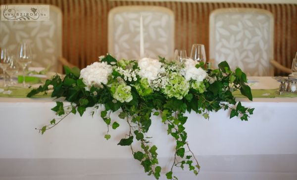 Big centerpiece of hydrangeas, Gellért Hotel Budapest (green, white), wedding