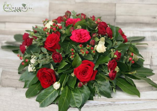 Main table centerpiece of red roses , spray roses (red), wedding