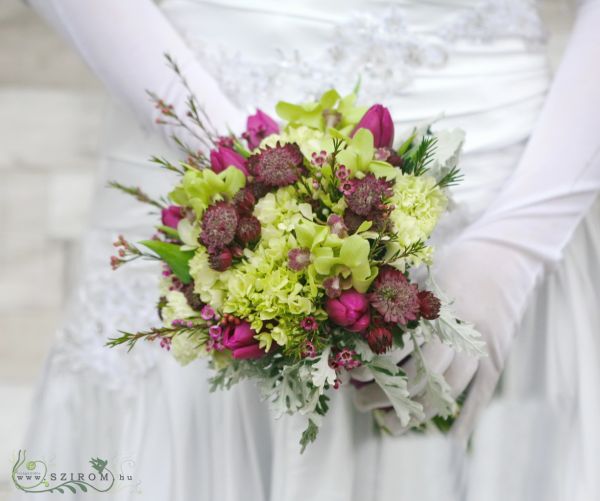 Bridal bouquet with hydrangeas, tulips,astrantia (green, pink)