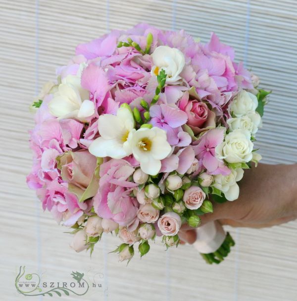 Bridal bouquet with pink hortensia, rose and freesia (white, pink)