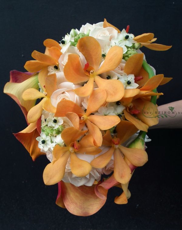 Menyasszonyi csokor csepp alak, rózsával és narancs mokara orchideával (ornithogalum, fehér)