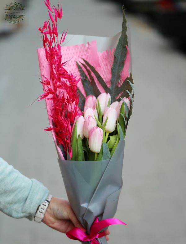 9 tulips with blue fern and dried flowers