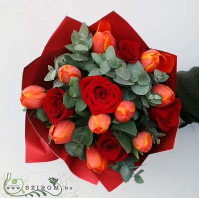 rote Rose mit orange Tulpen (15 Stämme)