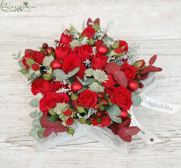 Winter star flowerplate with mini red roses and astrantia