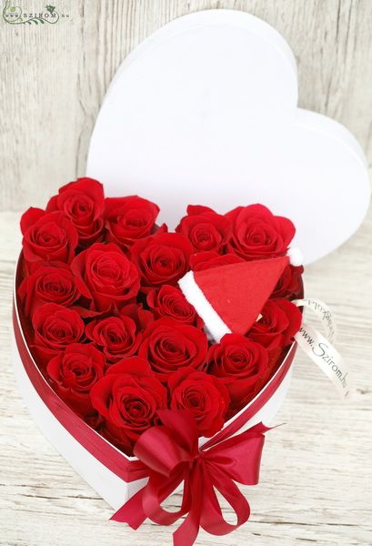 19 red roses in heart shaped box, with Santa hat