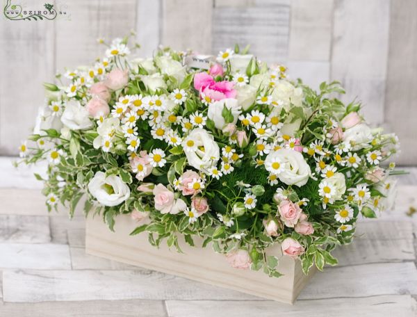 Flower arrangement with tiny flowers (lisianthus, spray rose, chamomile, white, pink ), wedding