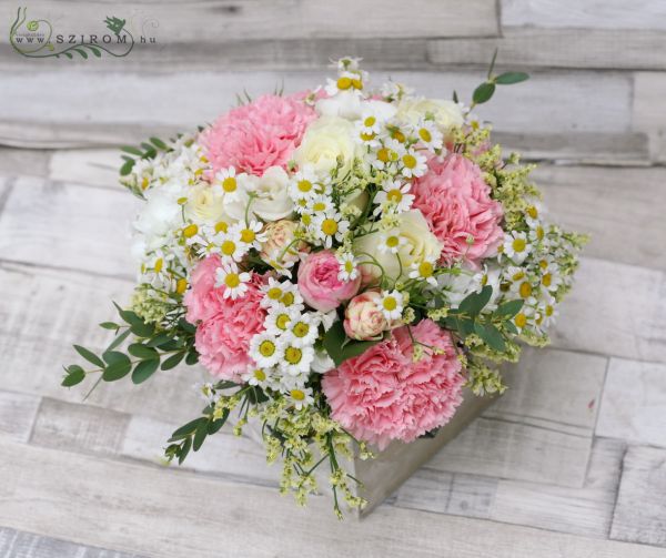 Flower arrangement with wild flowers in a wood box (rose, english rose, carnation, chamomile, pink, white), wedding