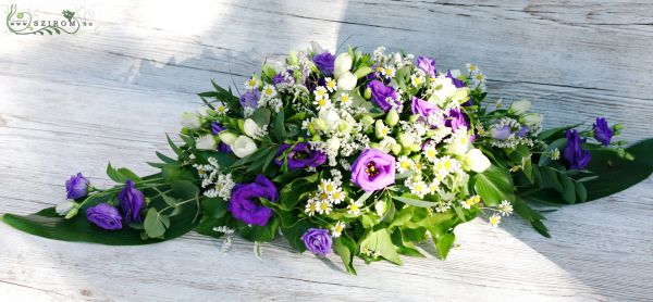Main table centerpiece (lisianthus, chamomile, freesia, purple, white), wedding