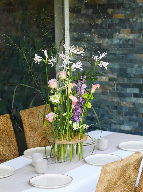 Modern airy wedding, event centerpiece, base with vials (purple, green, calla, rose, nerine, delphinium, lisianthus)