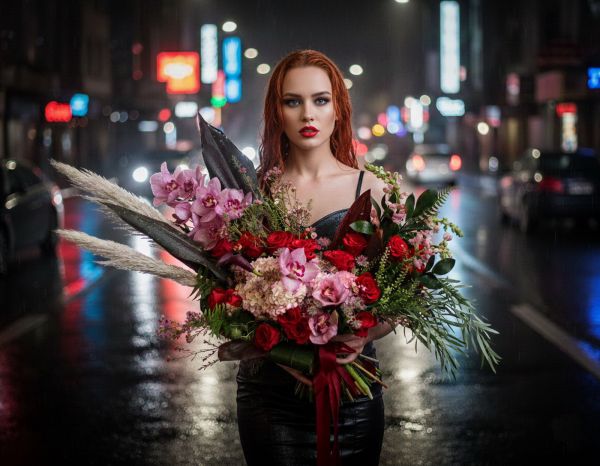 Nagy orchideás-rózsás félhold csokor - original product photo with AI background