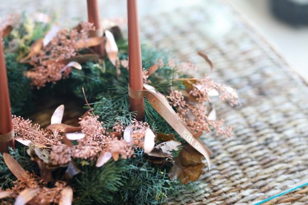 Advent wreath with live pine, bronze