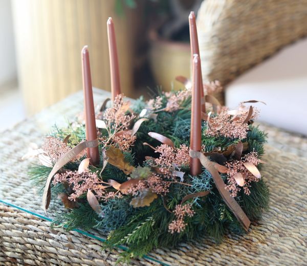 Advent wreath with live pine, bronze