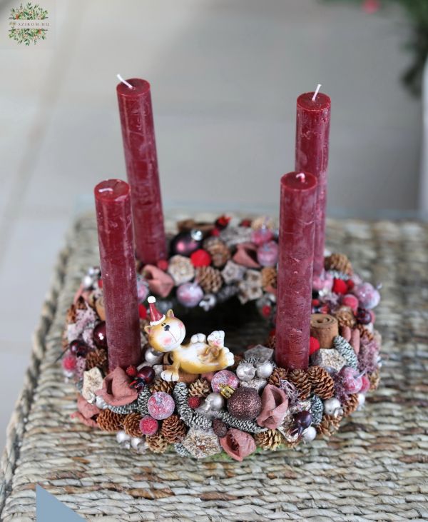 Adventskranz groß, mit Katze, burgunderrot