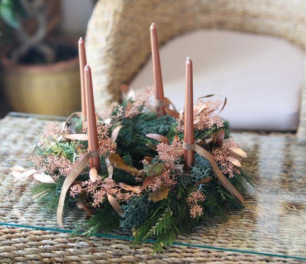 Advent wreath with live pine, bronze