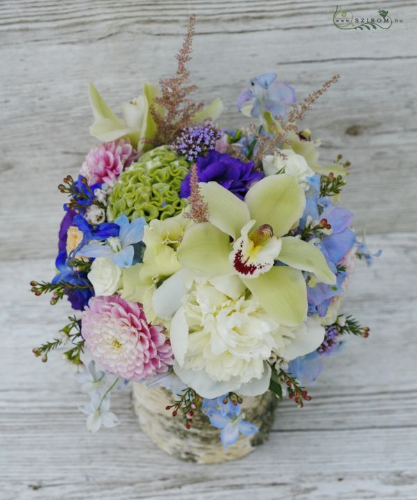 asztaldísz (orchidea, dália, rózsa, delphinium, liziantusz, színes), esküvő