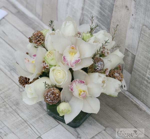 Centerpiece with orchids, winter (white, rose, orchid, tulip), wedding