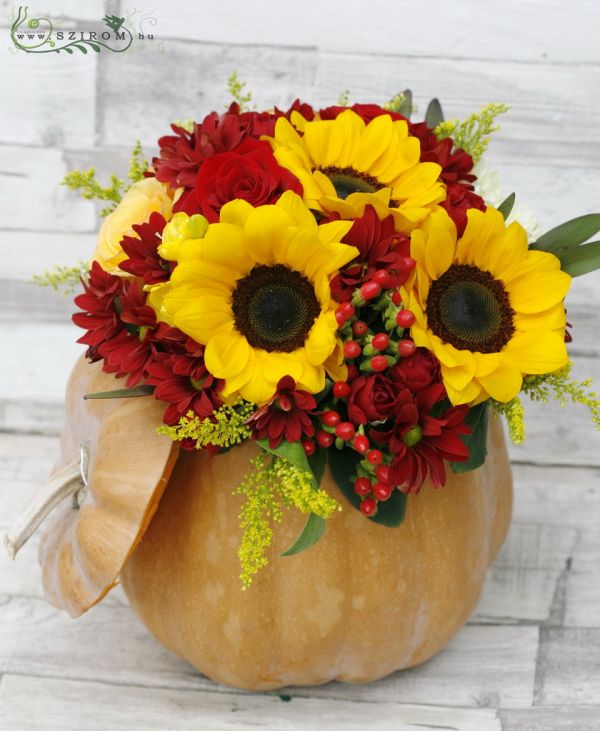 Centerpiece in pumpkin, autumn (red, orange, yellow, sunflower, rose, chrysantem daisy), wedding