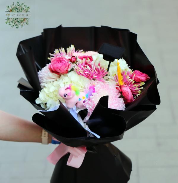 Graduation bouquet with unicorn, fluffy pink flowers