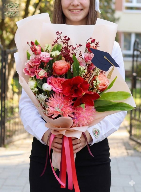 Großer Abschlussstrauß mit roten und rosa Blüten - original product photo with AI background