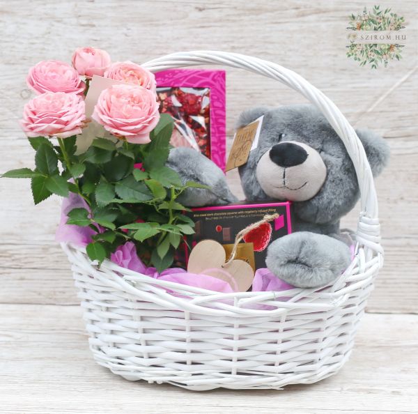 girly gift basket with roses, teddy bear and chocolates