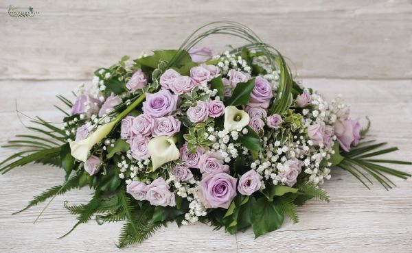 Main table centerpiece (spray rose, cala, babybreath, white, light purple)