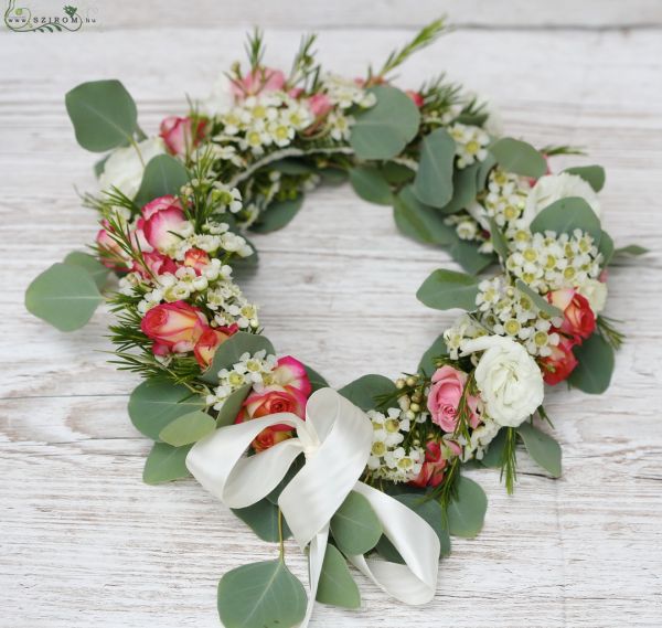 Hair wreath (spray rose, wax flower, eucalyptus, white, pink)