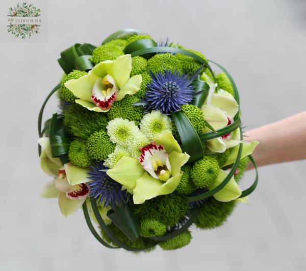 small spherical bouquet with green and blue flowers, Cymbidium orchid