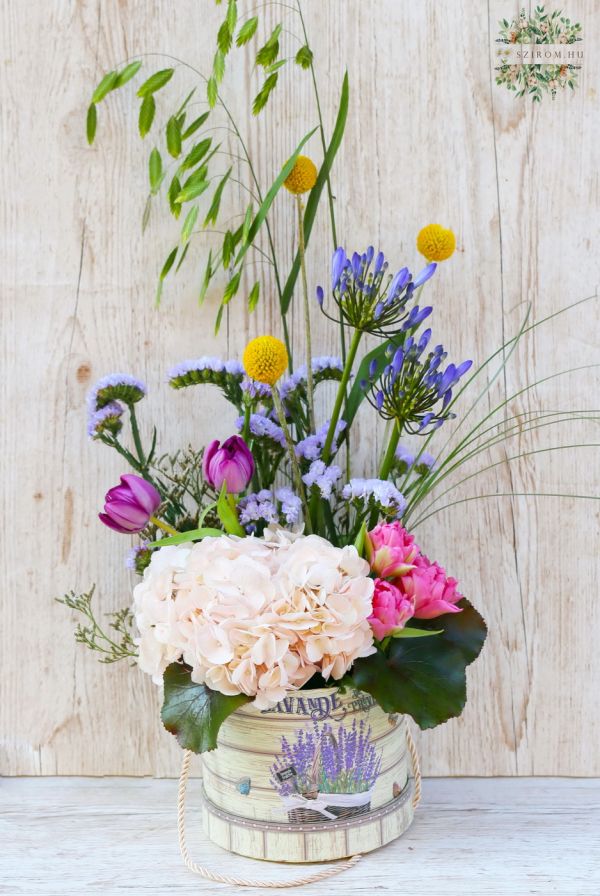 Lavender cylinder box with hydrangea and seasonal airy flowers 