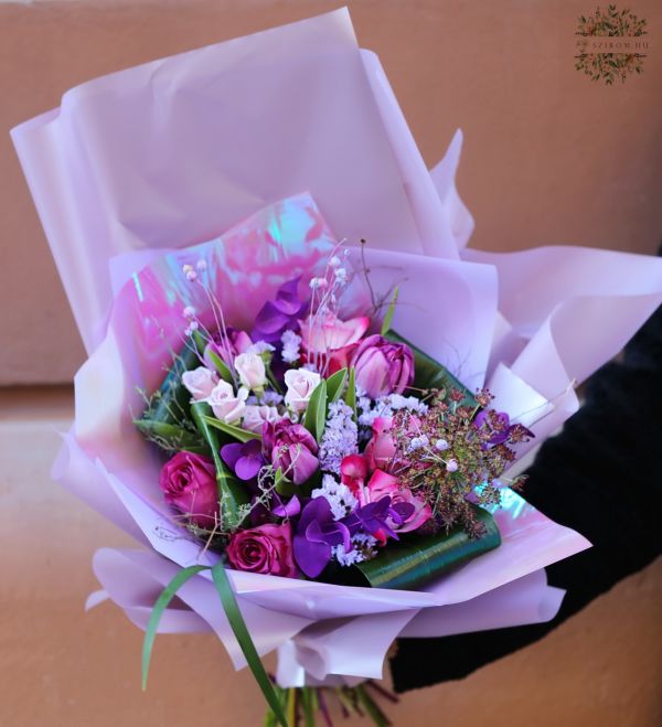 Purple bouquet with tulips and roses  (12 stems)