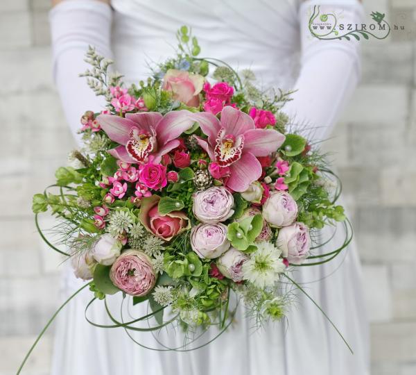 Bridal bouquet elegant orchids  (rose, astrant, English rose, bouvard, molucela, bush roses, cymbidium, limonium , pink)